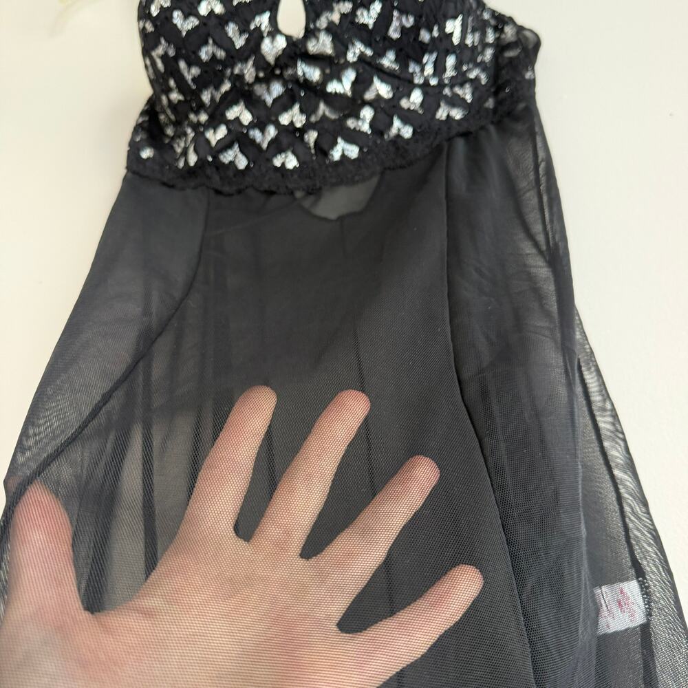 Vintage Y2K Native Intimates Black & Silver Hearts Sheer Mesh Babydoll Size 36C - Picture 3 of 6